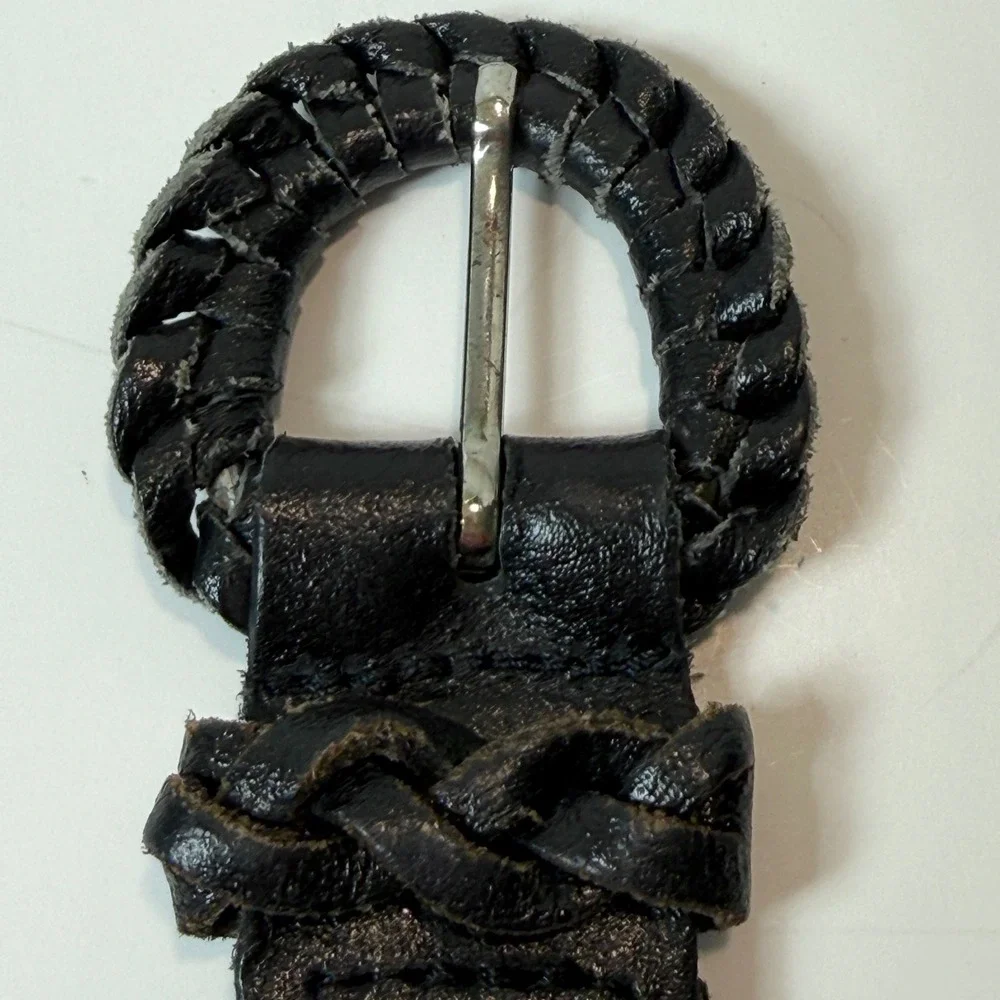 Black Genuine Leather Woven Braided Skinny Belt Size M/L Up to 40